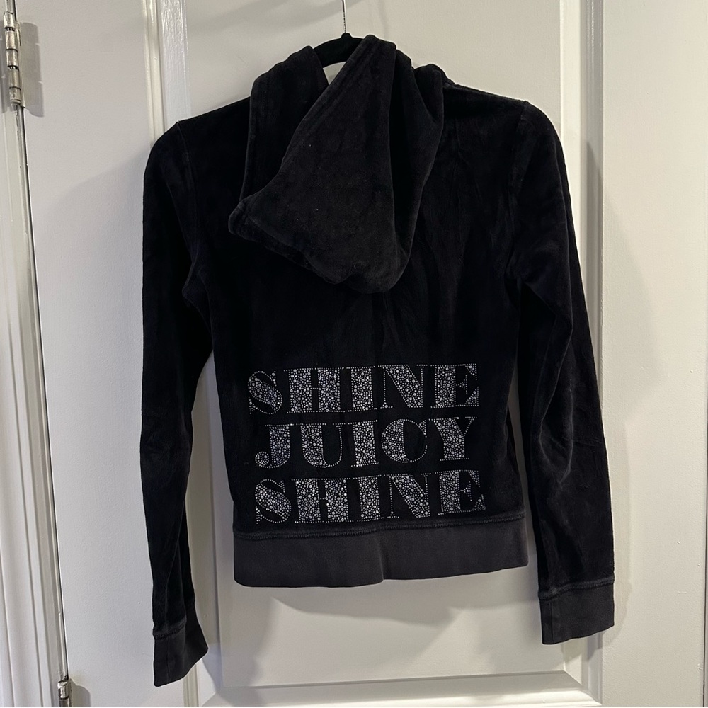 Y2K VINTAGE Juicy Couture Velour Hoodie Black with Mixed Rhinestone Shine Juicy